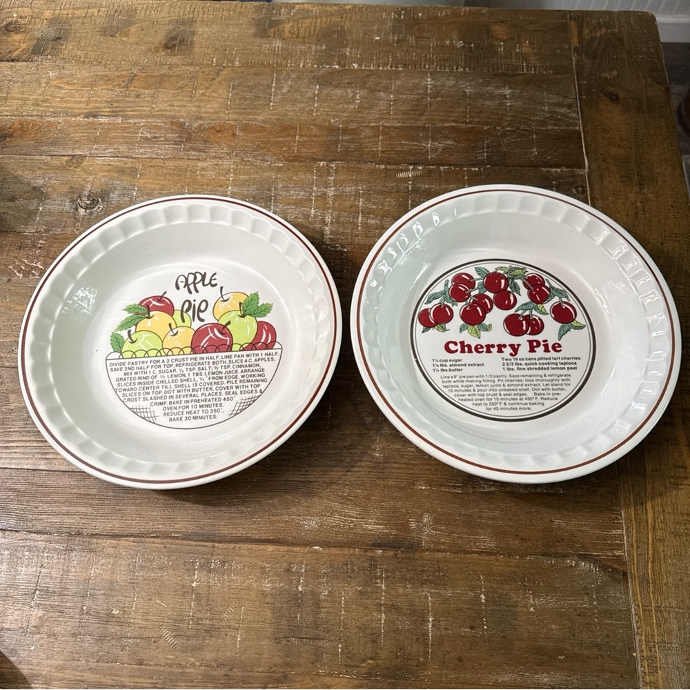 Vintage Cherry Pie & Apple Pie Ceramic Pie Plates - Red Trim